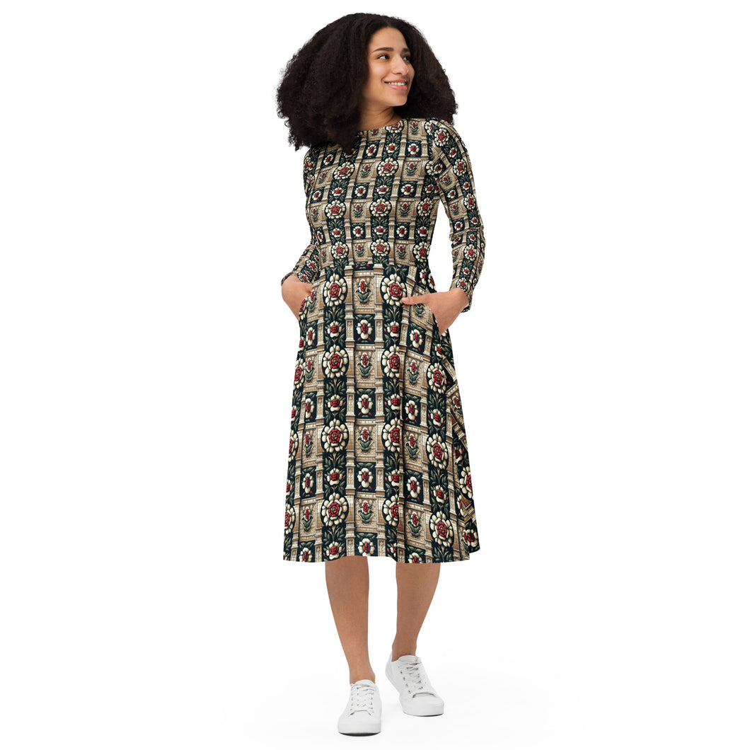 Tudor Rose on a CastleAll-over print long sleeve midi dress