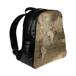 Old Map Multi-Pocket Leather Laptop Backpack