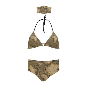 Old Map Stringy Bikini Set with Mouth Mask
