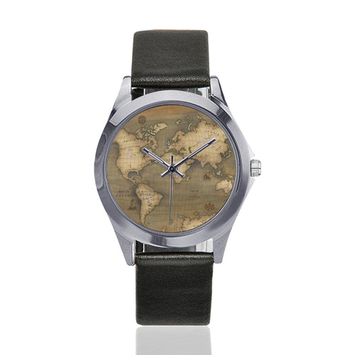 Old Map Unisex Silver-Tone Round Leather Watch