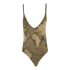 Old Map Sexy Lacing Backless One-Piece Swimsuit