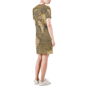 Old Map Short-Sleeve Round Neck A-Line Dress