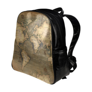 Old Map Multi-Pocket Leather Laptop Backpack