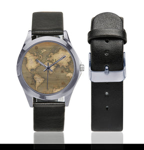 Old Map Unisex Silver-Tone Round Leather Watch