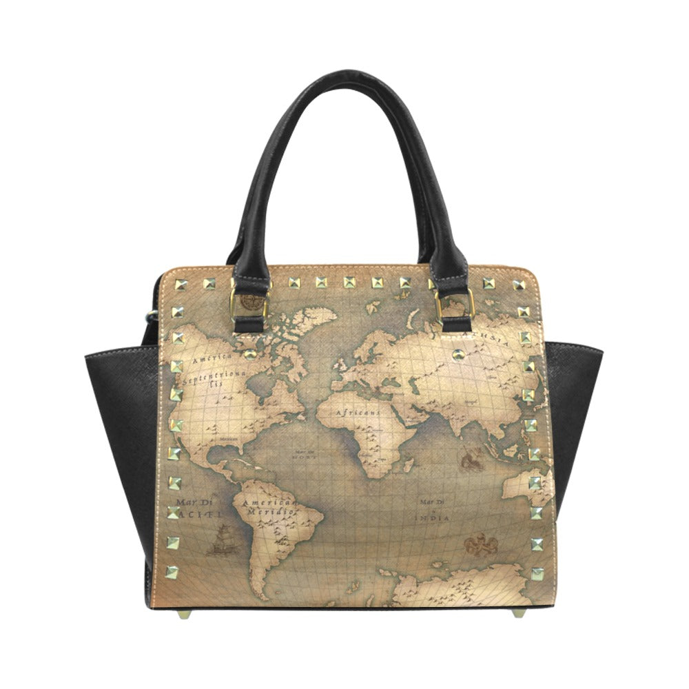 Old Map Rivet Shoulder Handbag